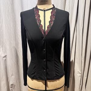 Ann Ferriday VTG Matte Jersey Lace Fitted Jacket S * Flaw